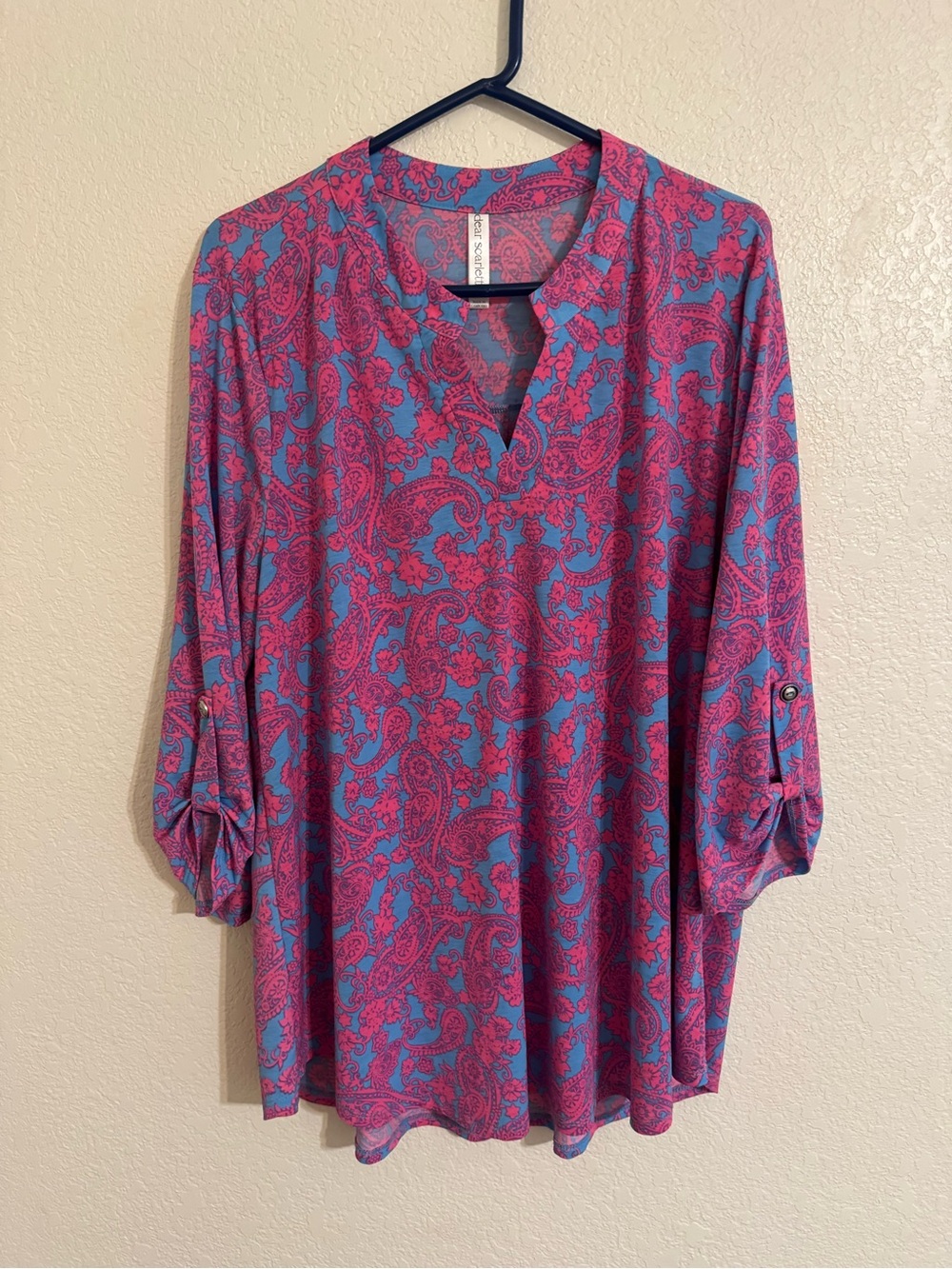 Dear Scarlett vibrant pink and blue blouse.